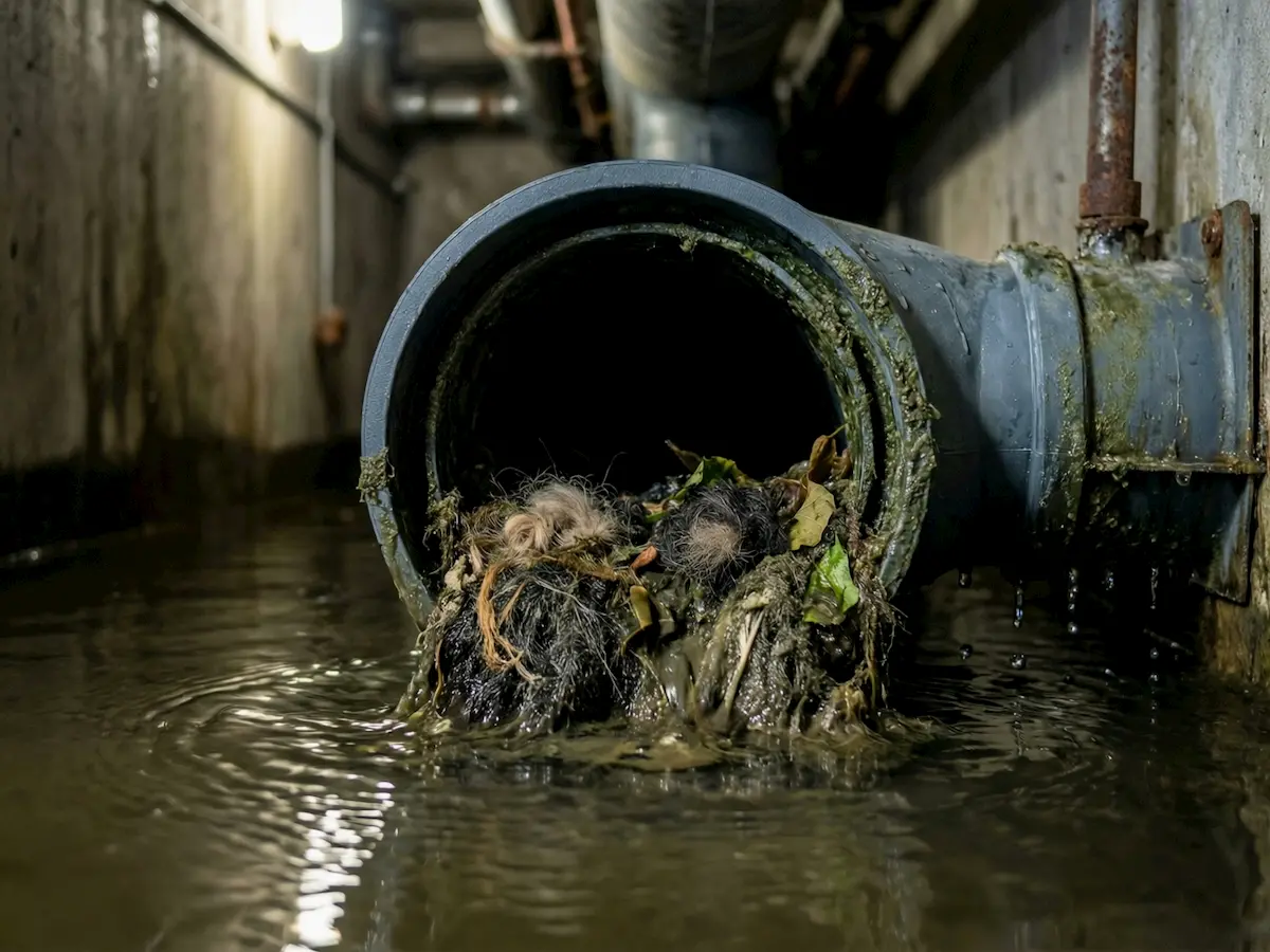 Water backing up through underground gutter drain adapter showing blockage