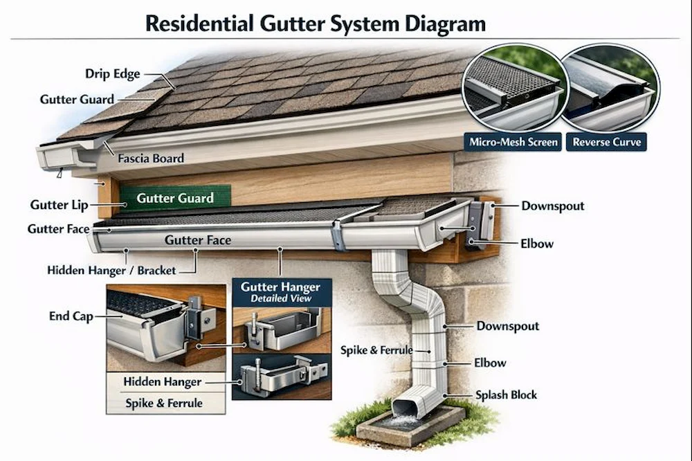 Complete rain gutter parts diagram showing gutters, downspouts, hangers, and drip edge