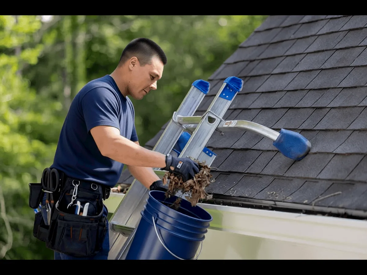 cleaning the gutter guards from a ladder