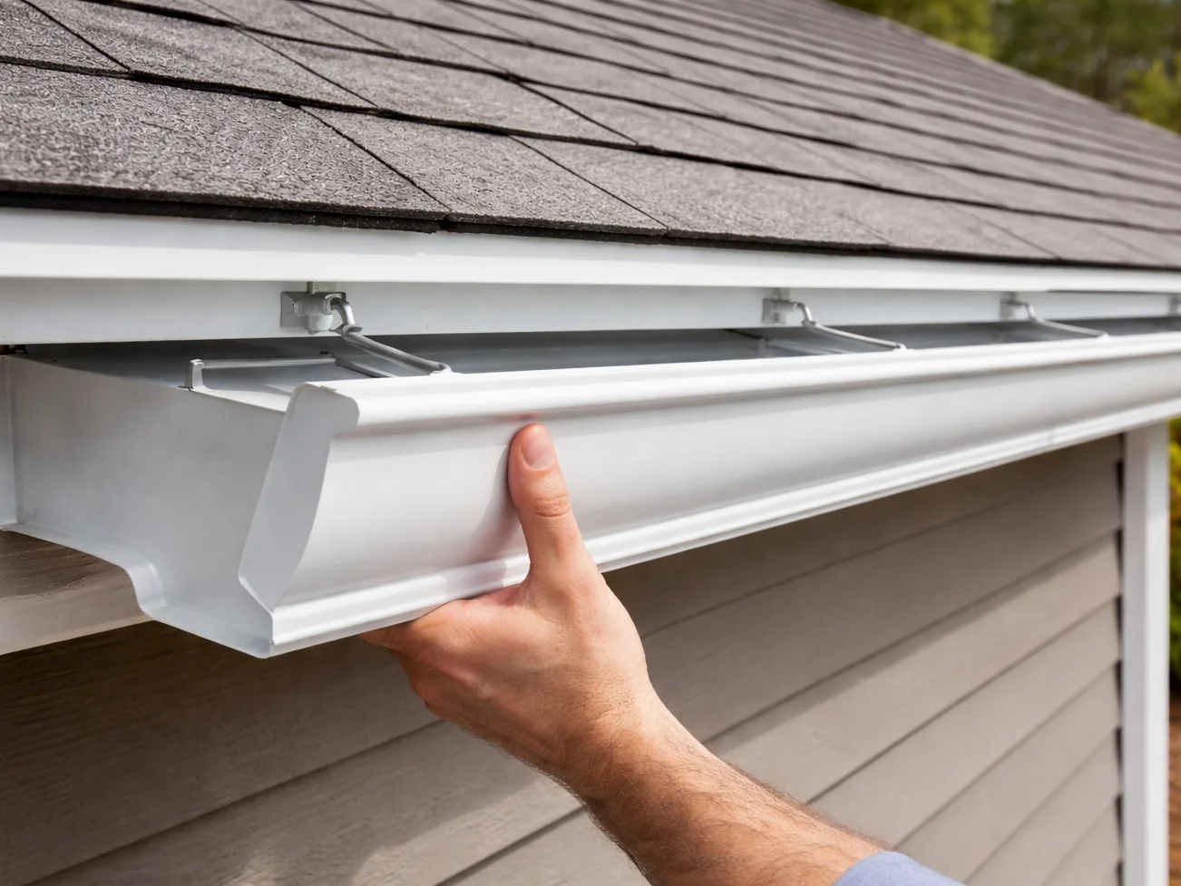 DIY gutter installations male holding a white gutter