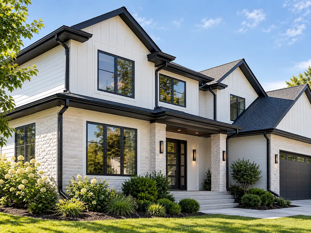Large modern family home with black gutters and black downspouts