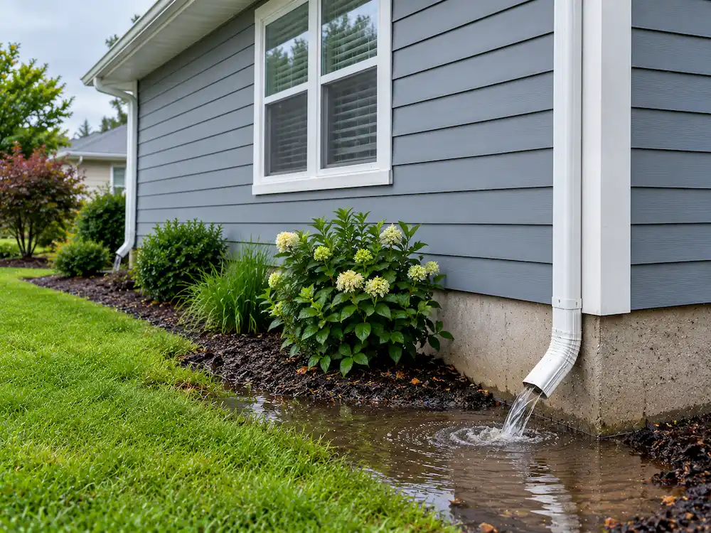 Water pooling against home foundation from clogged gutters showing foundation damage risk