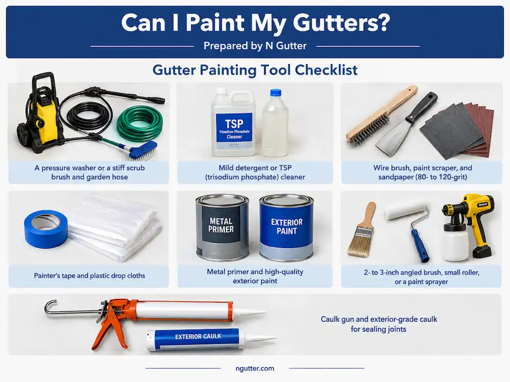 Gutter painting tools flat lay including pressure washer, sandpaper, wire brush, primer, paint, an angled brush and other tools.