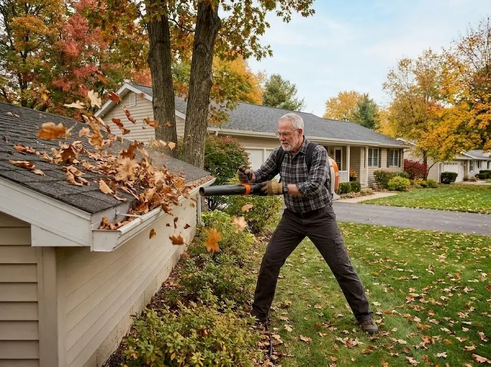 A grey haired male homeowner is cleaning gutters with a leafblower standing on the ground.